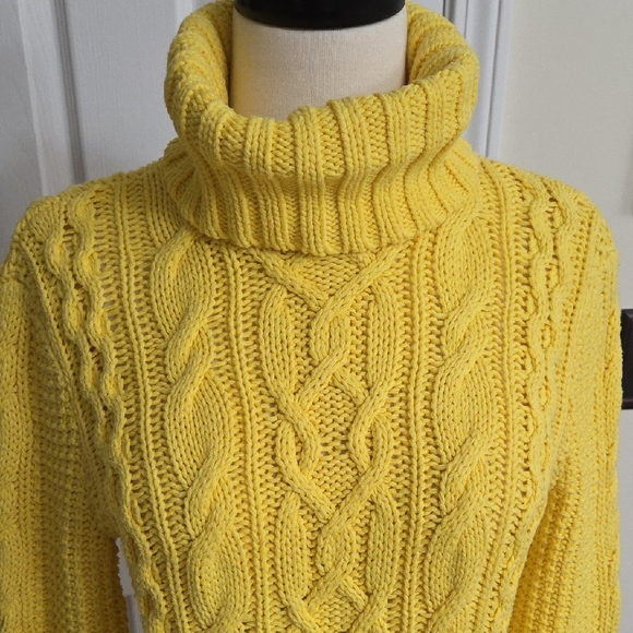 LAUREN RALPH LAUREN JEANS CO VIBRANT YELLOW CABLE KNIT COWL NECK SWEATER M - Picture 2 of 7
